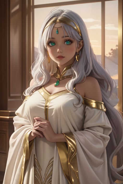  4K UHD, upscaled professional photo, stunningly beautiful woman, A (best quality,4k,8k,highres,masterpiece:1.2),ultra-detailed,highly detailed facial features,extremely detailed eyes and face, longeyelashes, beautiful detailed eyes,beautiful detailed lips,1girl,fantasy,cute,whimsical,soft lighting,pastel colors,warm color palette
 solo_female, ear_rings, tall_girl, tall_female, big_breasts, much gold, ayse_khadim, long arabian clothes, green eyes, circlet, park, sunset, standing, nature , masterpiece, best quality, white hair