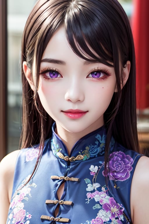 masterpiece, best quality, high definition, 
Kaori Houjou, solo, (purple eyes:1.1), (black hair:1.2), long hair, (Chinese costume, qipao:1.2), (elegant, feminine, sophisticated), (cute girl), gorgeous face, gorgeous eyes, detailed face, detailed hands, smile, photorealistic, (asian face:1.2), 