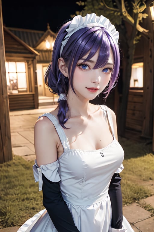 outdoors, night, forrest,1girl, Luna, medium breasts, looking at the viewer, blue eyes, purple hair, maid_costume, (masterpiece:1.2), Best quality, a high resolution, unity 8k wallpaper, (illustration:0.8), (Beautiful detailed eyes:1.6), very detailed face, athletic figure, maid