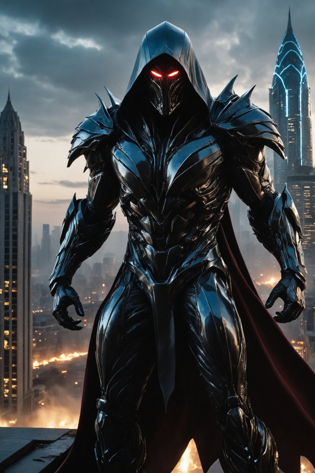 A futuristic super hero stands tall, full-body portrait in polished chrome armor with intricate gold and burgundy accents. Glowing blue eyes pierce through the darkness, illuminating a cityscape at dusk. Craig Mullins and H.R. Giger's character design brings forth a sense of otherworldly strength. Realistic digital painting captures every detail, from the armored suit to the subject's determined pose. Cinematic lighting highlights the hero's figure against a misty blue-gray sky, as if suspended in mid-air. A 4K resolution masterpiece, this portrait embodies the essence of futuristic super heroism, (boiling black wood material), a cloak with a hood is put on top 