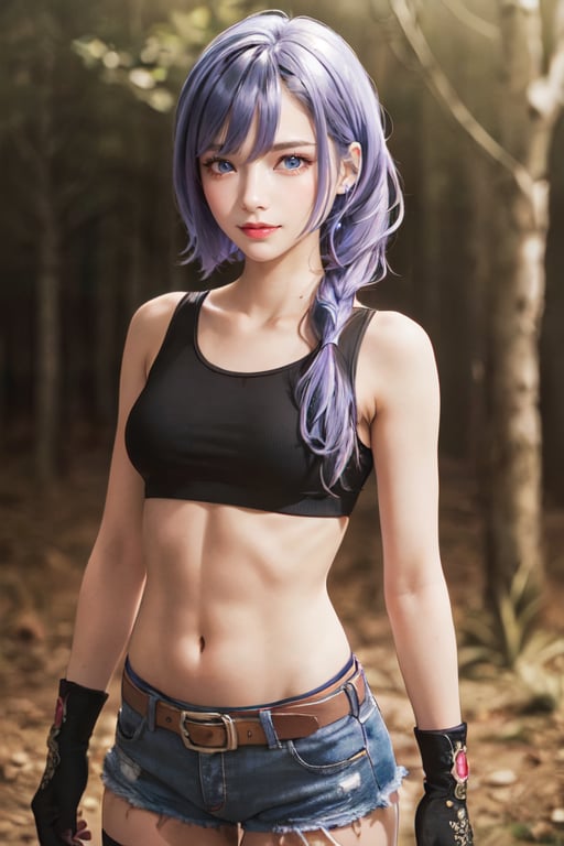 outdoors, night, forrest,1girl, Luna, medium breasts, looking at the viewer, blue eyes, purple hair, braid, black sports bra, thighhighs, belt, navel, short shorts, fingerless gloves (masterpiece:1.2), Best quality, a high resolution, unity 8k wallpaper, (illustration:0.8), (Beautiful detailed eyes:1.6), very detailed face, athletic figure, pronounced abs