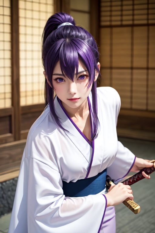 masterpiece, best quality, Busujima Saeko, high definition, solo, (purple eyes:1.3), (purple hair:1.1), (Simply Straight Pony Hair:1.2), (hime kimono1.2), (formal kimono:1.2), (tailored kimono and yukata), (elegant, feminine, sophisticated), (beautiful girl), gorgeous face, gorgeous eyes, detailed face, detailed hands, smile, photorealistic, (asian face:1.2), busujima_saeko, katana in hand, defensive stance with a sword in hand, battoujutsu