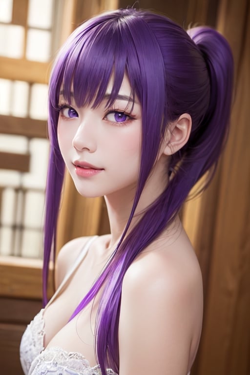 masterpiece, best quality, Busujima Saeko, high definition, solo, (purple eyes:1.3), (purple hair:1.1), (Simply Straight Pony Hair:1.2), (elegant, feminine, sophisticated), (beautiful girl), gorgeous face, gorgeous eyes, detailed face, detailed hands, smile, photorealistic, (asian face:1.2), 