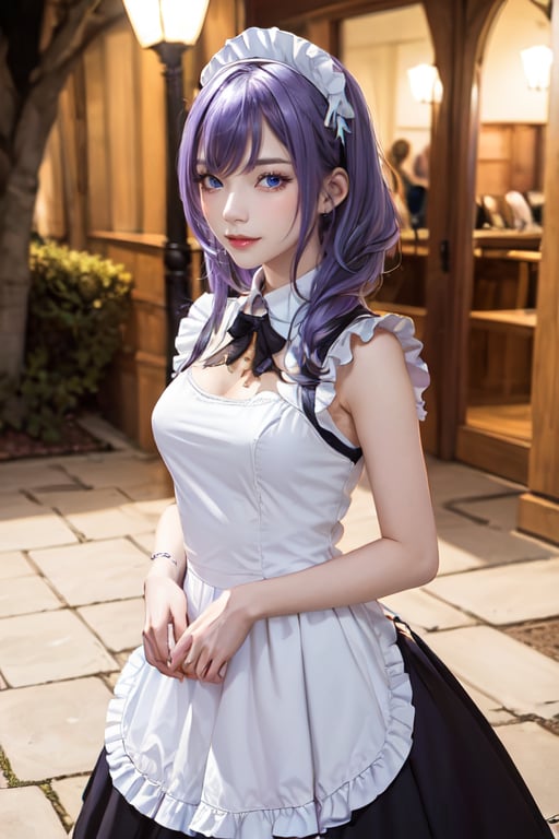 outdoors, night, forrest,1girl, Luna, medium breasts, looking at the viewer, blue eyes, purple hair, maid_costume, (masterpiece:1.2), Best quality, a high resolution, unity 8k wallpaper, (illustration:0.8), (Beautiful detailed eyes:1.6), very detailed face, athletic figure, maid