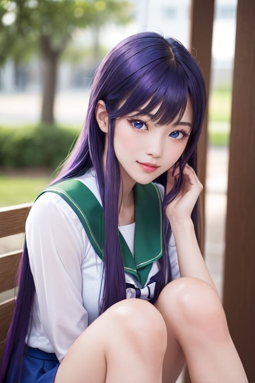 masterpiece, best quality, Busujima Saeko, high definition, solo, (blue eyes:1.3), (purple hair:1.1), (Simply Straight Pony Hair:1.2), (elegant, feminine, sophisticated), (beautiful girl), gorgeous face, gorgeous eyes, detailed face, detailed hands, smile, photorealistic, (asian face:1.2), (school uniform sailor suit, white-green shirt), ((green knee-length skirt))