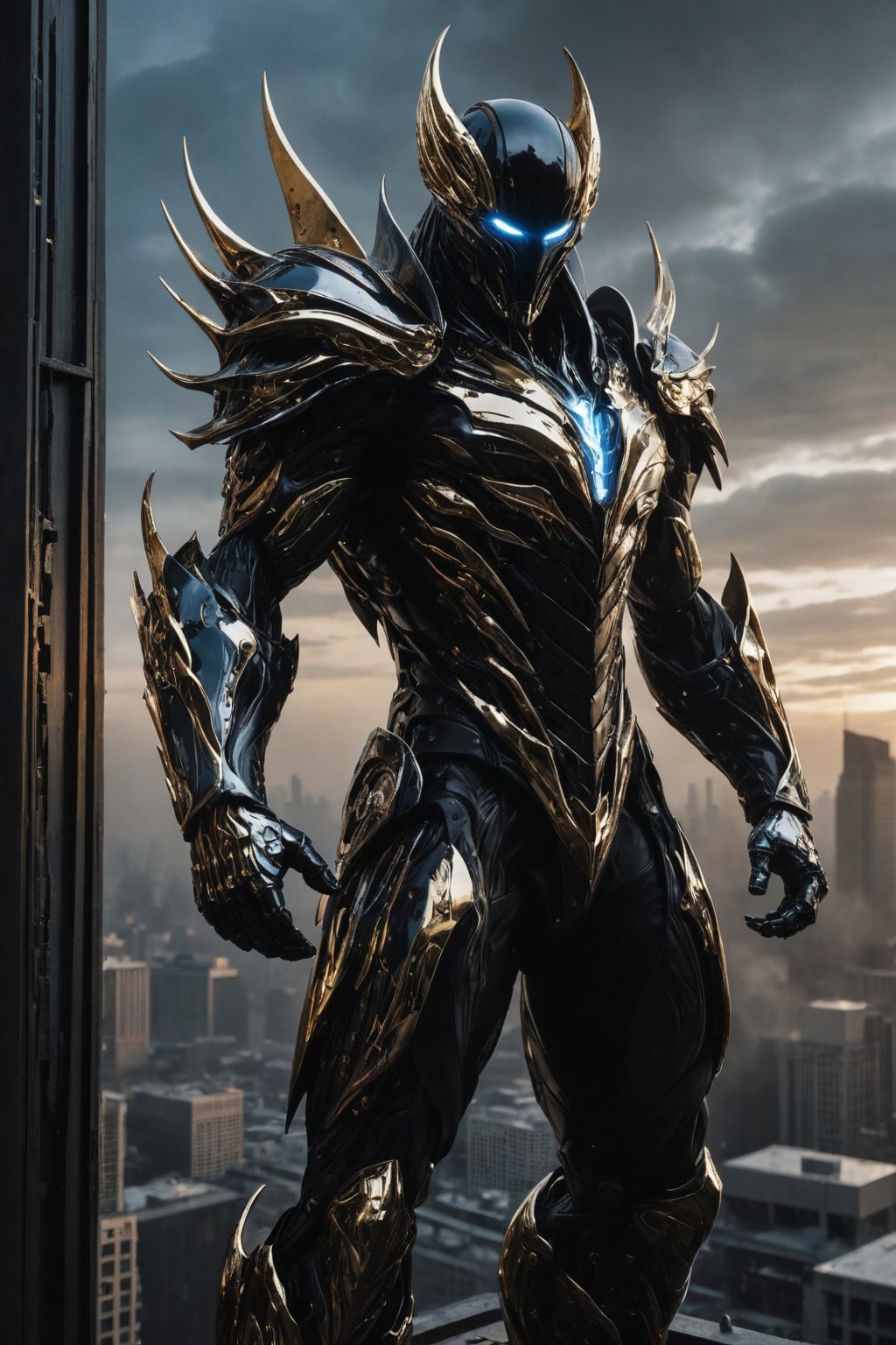 A futuristic super hero stands tall, full-body portrait in polished chrome armor with intricate gold and burgundy accents. Glowing blue eyes pierce through the darkness, illuminating a cityscape at dusk. Craig Mullins and H.R. Giger's character design brings forth a sense of otherworldly strength. Realistic digital painting captures every detail, from the armored suit to the subject's determined pose. Cinematic lighting highlights the hero's figure against a misty blue-gray sky, as if suspended in mid-air. A 4K resolution masterpiece, this portrait embodies the essence of futuristic super heroism, (boiling black wood material) 