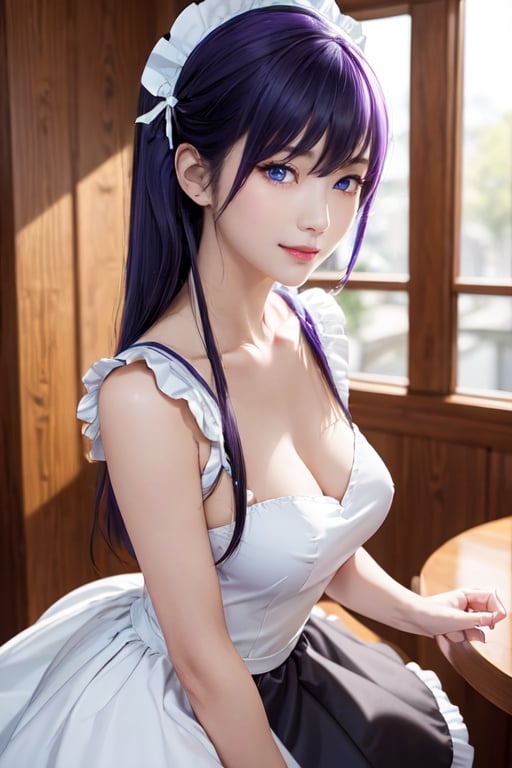 masterpiece, best quality, Busujima Saeko, high definition, solo, (blue eyes:1.3), (black-purple hair:1.1), (Simply Straight Pony Hair:1.2), (elegant, feminine, sophisticated), (beautiful girl), gorgeous face, gorgeous eyes, detailed face, detailed hands, smile, photorealistic, (asian face:1.2), 
Maid_costume, maid_dress, maid_headband