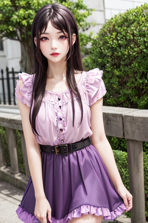 masterpiece, best quality, high definition, Kaori Houjou, solo, (purple eyes:1.1), (black hair:1.2), long hair, (pink fluffy blouse and knee-length skirt with ruffles and frills), (elegant, feminine, sophisticated), (cute girl), gorgeous face, gorgeous eyes, detailed face, detailed hands, angry face, photorealistic, (asian face:1.2).