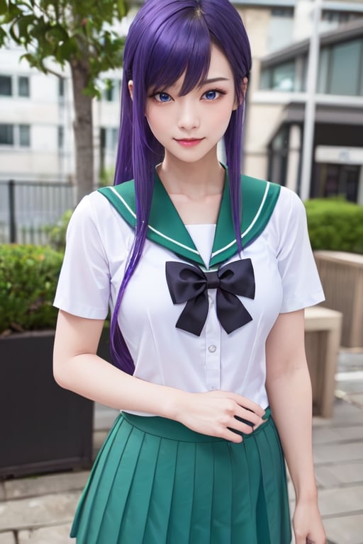 masterpiece, best quality, Busujima Saeko, high definition, solo, (blue eyes:1.3), (purple hair:1.1), (Simply Straight Pony Hair:1.2), (elegant, feminine, sophisticated), (beautiful girl), gorgeous face, gorgeous eyes, detailed face, detailed hands, smile, photorealistic, (asian face:1.2), (school uniform sailor suit, white-green shirt), ((green knee-length skirt))