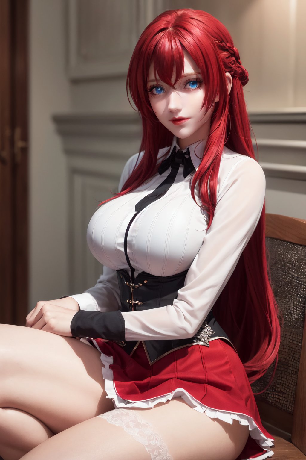 girl, long hair, (blue eyes:1.2), (voluminous red hair:1.2), masterpiece, beautiful detailed eyes, beautiful detailed lips, large breasts, rias gremory, red skirt, white shirt, black corset, (beautiful detailed long red hair:1.2), (smile:1.2), Nice legs and hot body