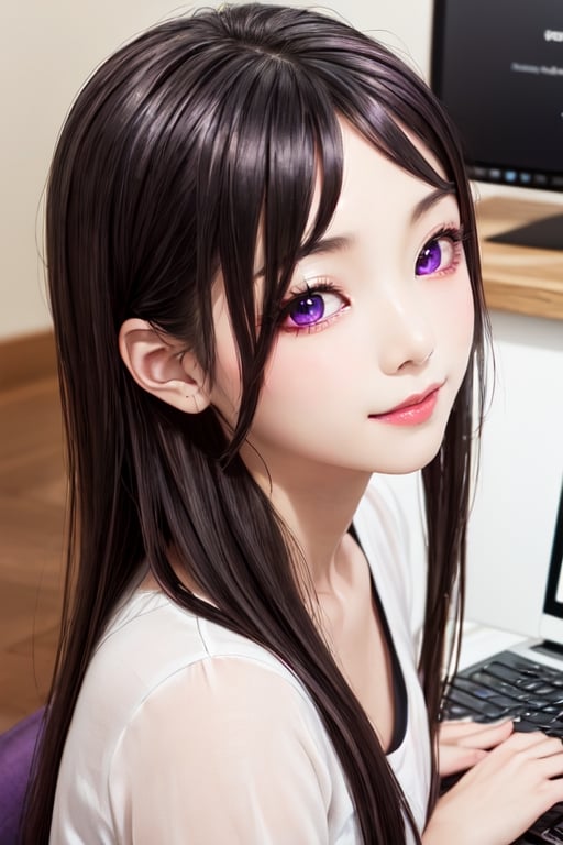 masterpiece, best quality, high definition, 
Kaori Houjou, solo, (purple eyes:1.1), (black hair:1.2), long hair, (home clothes, sitting at the computer:1.2), (elegant, feminine, sophisticated), (cute girl), gorgeous face, gorgeous eyes, detailed face, detailed hands, smile, photorealistic, (asian face:1.2), 