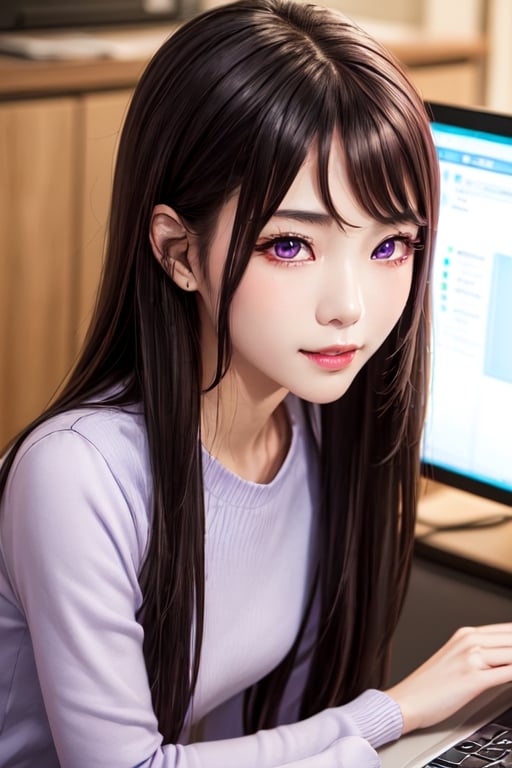 masterpiece, best quality, high definition, 
Kaori Houjou, solo, (purple eyes:1.1), (black hair:1.2), long hair, (home clothes, sitting at the computer:1.2), (elegant, feminine, sophisticated), (cute girl), gorgeous face, gorgeous eyes, detailed face, detailed hands, smile, photorealistic, (asian face:1.2), 