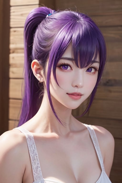 masterpiece, best quality, Busujima Saeko, high definition, solo, (purple eyes:1.3), (purple hair:1.1), (Simply Straight Pony Hair:1.2), (elegant, feminine, sophisticated), (beautiful girl), gorgeous face, gorgeous eyes, detailed face, detailed hands, smile, photorealistic, (asian face:1.2), 