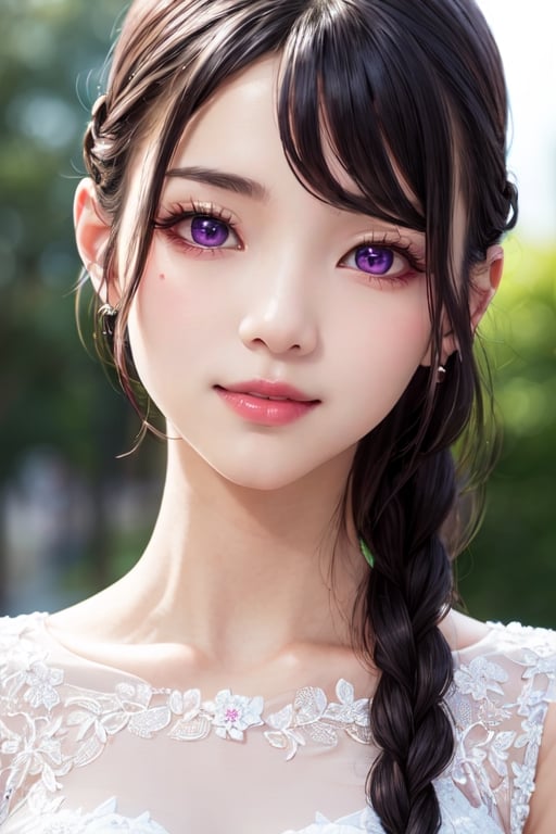 masterpiece, best quality, high definition, 
Kaori Houjou, solo, (purple eyes:1.1), (black hair:1.2), long hair, (Wedding Dress), (sophisticated braided hairstyle), (elegant, feminine, sophisticated), (cute girl), gorgeous face, gorgeous eyes, detailed face, detailed hands, smile, photorealistic, (asian face:1.2)