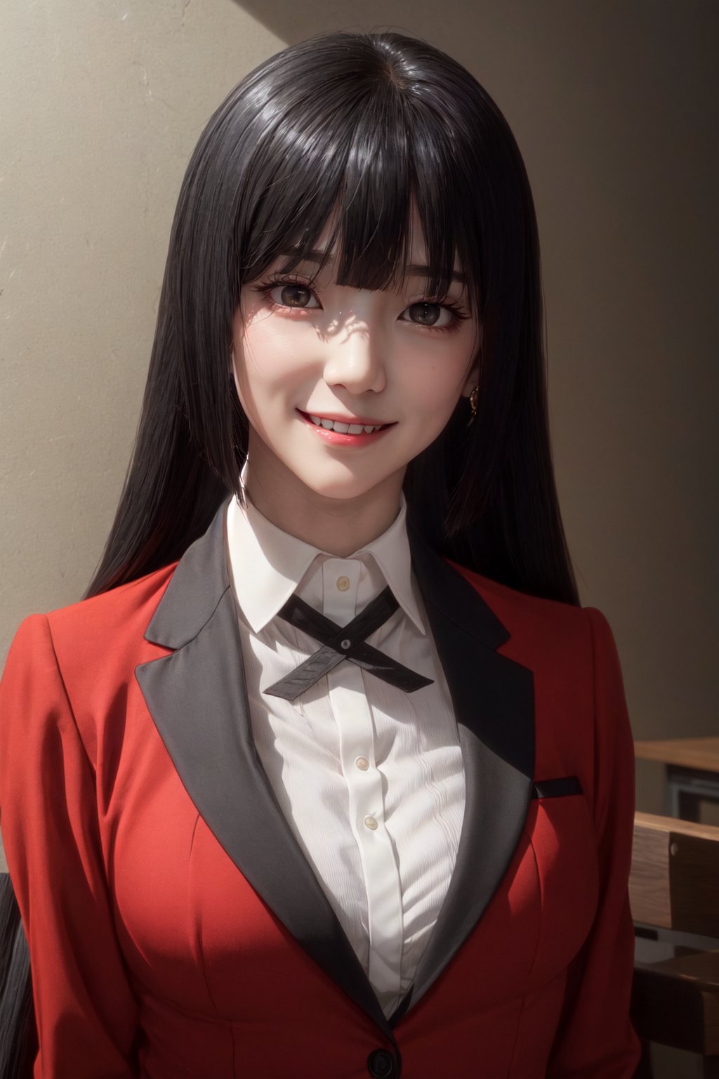 full body shot,  (masterpiece,  best quality),  (finely detailed beautiful eyes: 1.2),  (extremely detailed CG unity 8k wallpaper,  masterpiece,  ultra-detailed,  best shadow),  (detailed background),  (beautiful detailed face,  beautiful detailed eyes),  High contrast,  (best illumination,  an extremely delicate and beautiful),  dynamic angle,  beautiful detailed glow,  official art,  ultra detailed,  beautiful and aesthetic,  masterpiece,  best quality,  realistic,  nsfw, pikkyyumeko, 1girl, solo, looking at viewer, black hair, bangs, blunt bangs, long hair, very long hair, hime cut, red eyes, glowing eyes, breasts, large breasts, school uniform, shirt, red jacket, jacket, white shirt, collared shirt, lips, blazer, (smile:1.5)