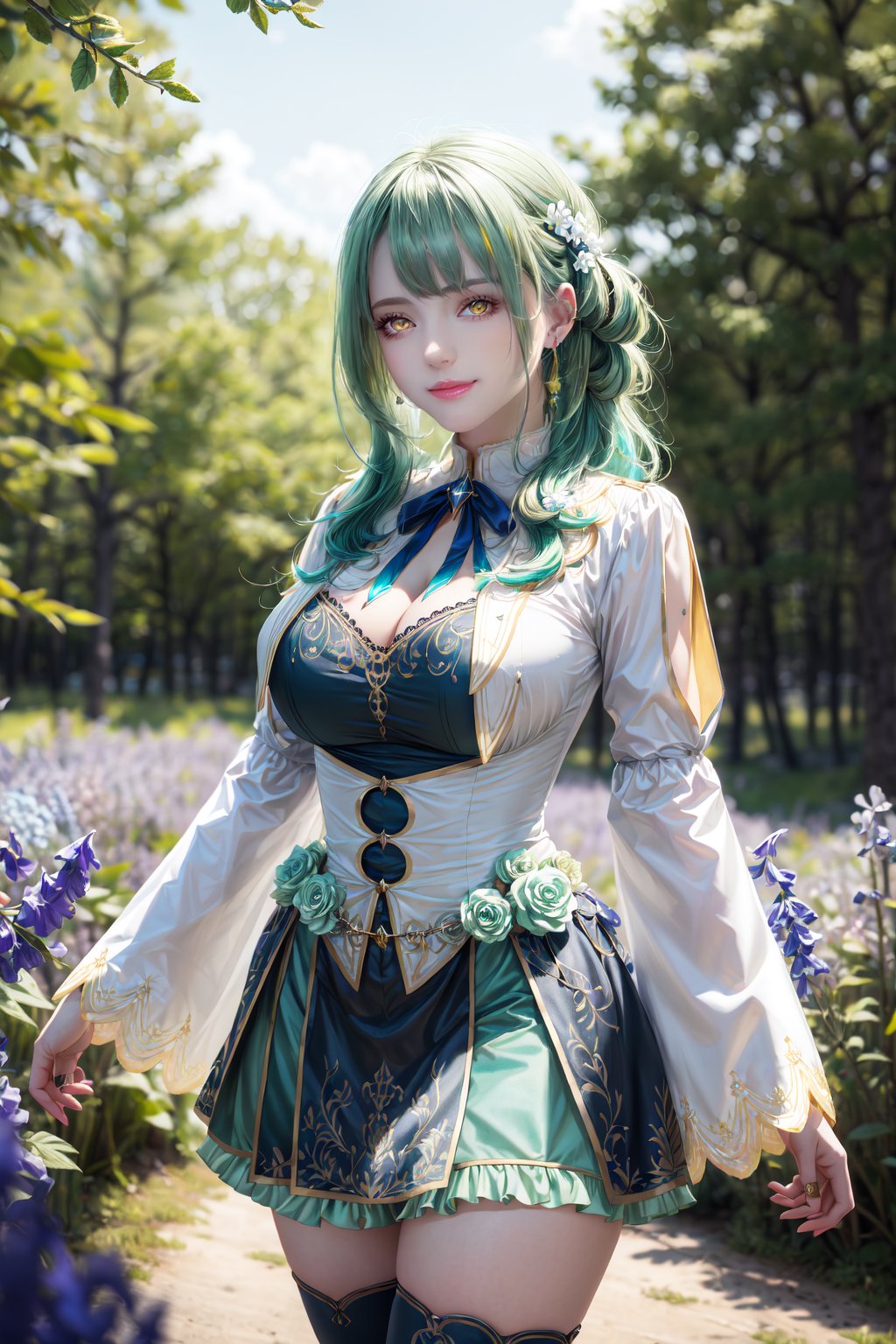 masterpiece, best quality, highres, hmcf, long hair, braided bangs, hair flower, (yellow eyes:1.3), large breasts, jewelry, dress, cleavage, wide sleeves, green flower, single thighhigh, white thighhighs, cowboy shot, standing, forest, smile, (violets flowers on the head) 