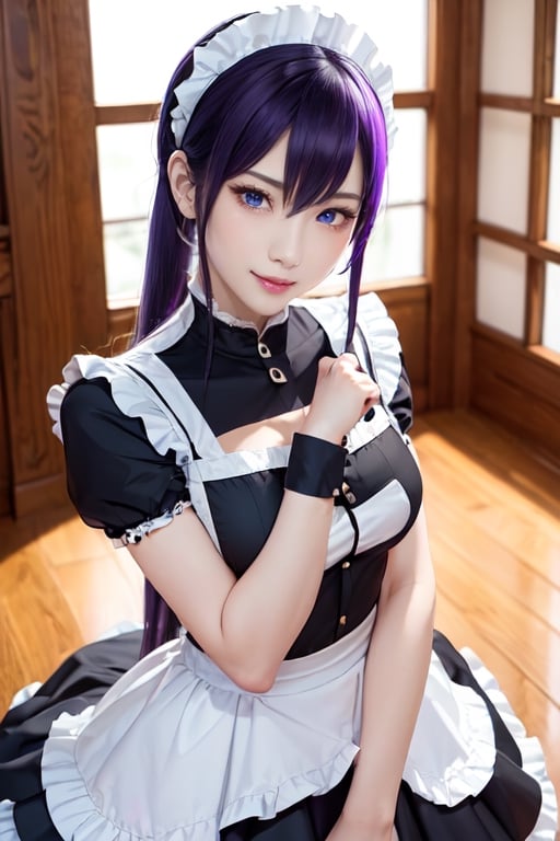 masterpiece, best quality, Busujima Saeko, high definition, solo, (blue eyes:1.3), (black-purple hair:1.1), (Simply Straight Pony Hair:1.2), (elegant, feminine, sophisticated), (beautiful girl), gorgeous face, gorgeous eyes, detailed face, detailed hands, smile, photorealistic, (asian face:1.2), 
Maid_costume, maid_dress, maid_headband