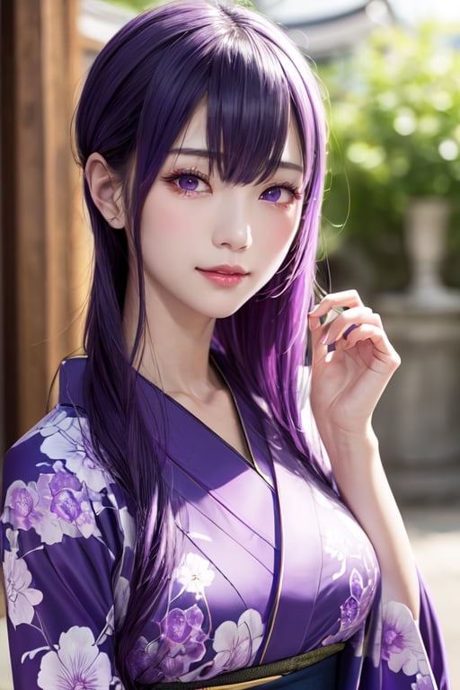 masterpiece, best quality, Busujima Saeko, high definition, solo, (purple eyes:1.3), (purple hair:1.1), (Simply Straight Pony Hair:1.2), (hime kimono1.2), (formal kimono:1.2), (tailored kimono and yukata), (elegant, feminine, sophisticated), (beautiful girl), gorgeous face, gorgeous eyes, detailed face, detailed hands, smile, photorealistic, (asian face:1.2), ,busujima_saeko