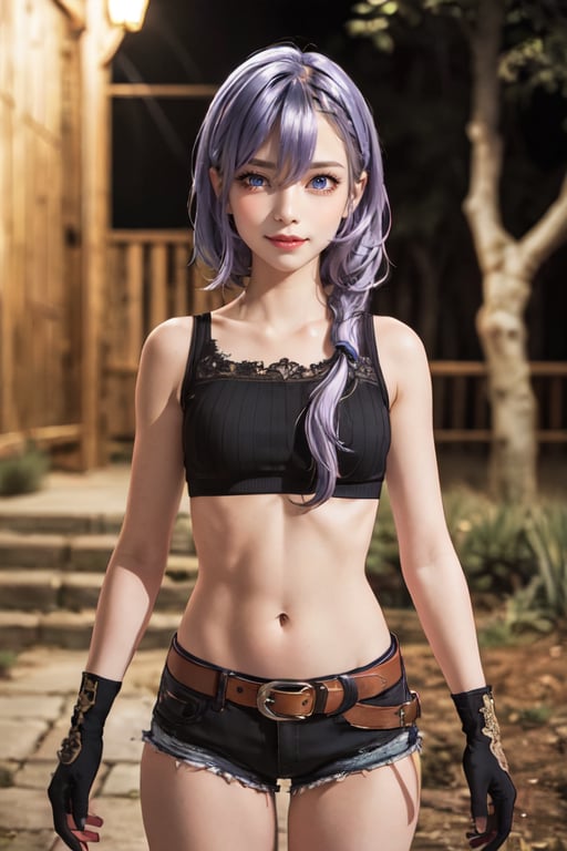 outdoors, night, forrest,1girl, Luna, medium breasts, looking at the viewer, blue eyes, purple hair, braid, black sports bra, thighhighs, belt, navel, short shorts, fingerless gloves (masterpiece:1.2), Best quality, a high resolution, unity 8k wallpaper, (illustration:0.8), (Beautiful detailed eyes:1.6), very detailed face, athletic figure, pronounced abs