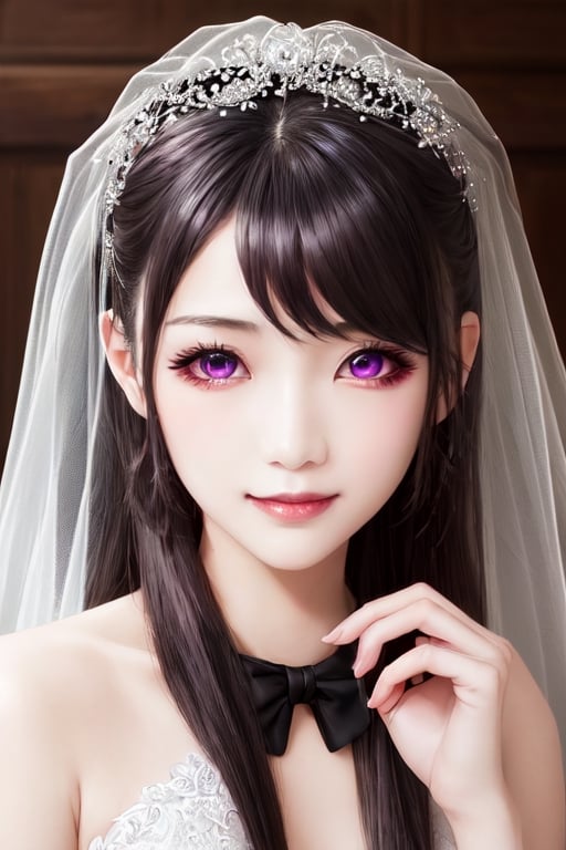 masterpiece, best quality, high definition, 
Kaori Houjou, solo, (purple eyes:1.1), (black hair:1.2), long hair, (Wedding Dress), (ornate hairstyle), (elegant, feminine, sophisticated), (cute girl), gorgeous face, gorgeous eyes, detailed face, detailed hands, smile, photorealistic, (asian face:1.2)