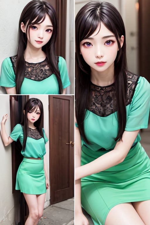 masterpiece, best quality, high definition, 
Kaori Houjou, solo, (purple eyes:1.1), (black hair:1.2), long hair, (green blouse, green knee-length skirt), (elegant, feminine, sophisticated), (cute girl), gorgeous face, gorgeous eyes, detailed face, detailed hands, smile, photorealistic, (asian face:1.2).
the girl was pinned against the wall and surrounded by three guys, harassment, harassment