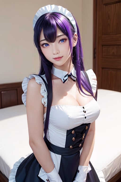 masterpiece, best quality, Busujima Saeko, high definition, solo, (blue eyes:1.3), (black-purple hair:1.1), (Simply Straight Pony Hair:1.2), (elegant, feminine, sophisticated), (beautiful girl), gorgeous face, gorgeous eyes, detailed face, detailed hands, smile, photorealistic, (asian face:1.2), 
Maid_costume, maid_dress, maid_headband