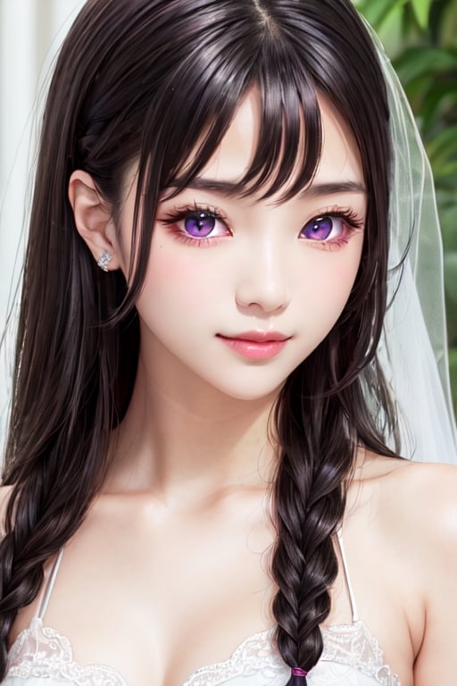 masterpiece, best quality, high definition, 
Kaori Houjou, solo, (purple eyes:1.1), (black hair:1.2), long hair, (Wedding Dress), (sophisticated braided hairstyle), (elegant, feminine, sophisticated), (cute girl), gorgeous face, gorgeous eyes, detailed face, detailed hands, smile, photorealistic, (asian face:1.2)