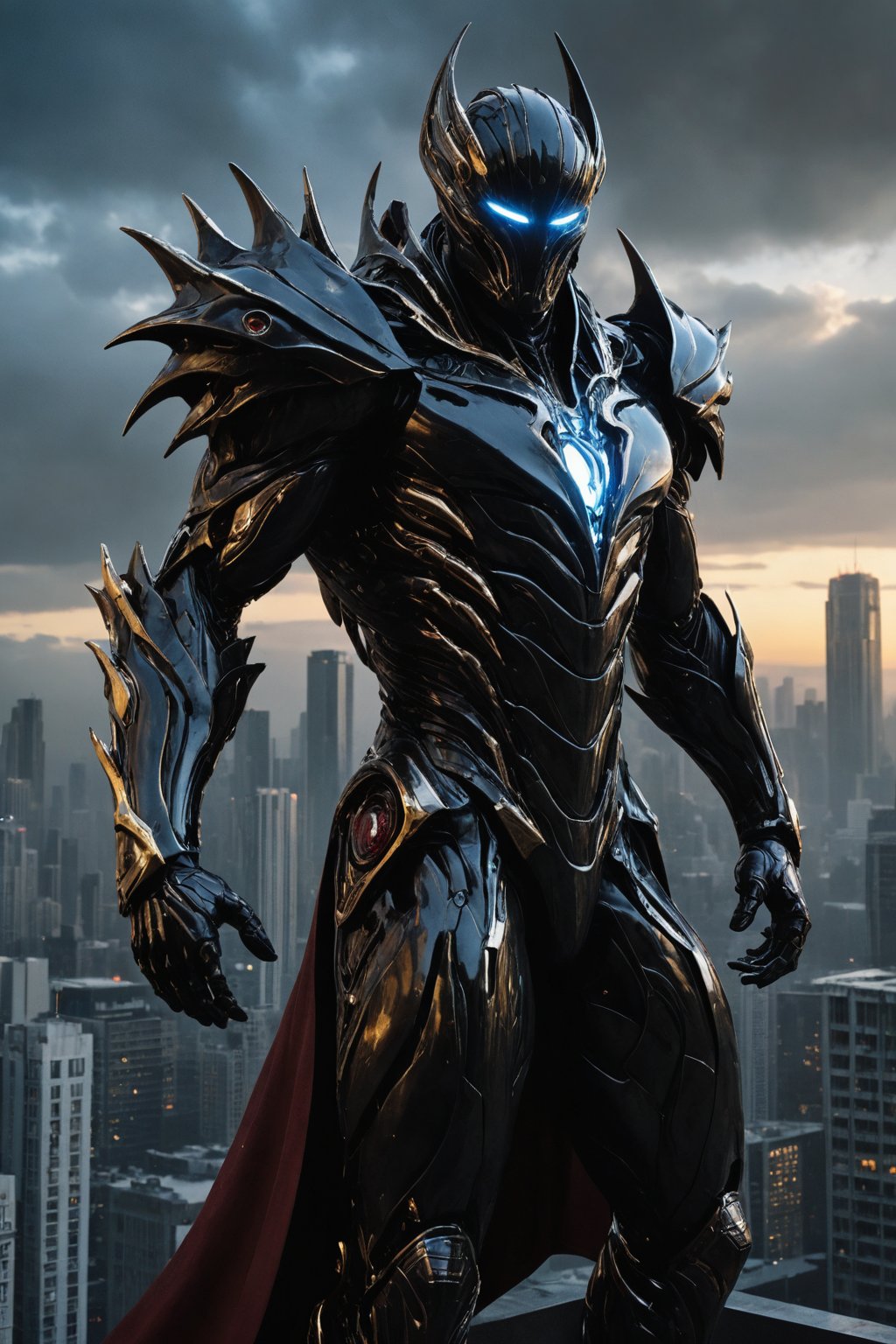 A futuristic super hero stands tall, full-body portrait in polished chrome armor with intricate gold and burgundy accents. Glowing blue eyes pierce through the darkness, illuminating a cityscape at dusk. Craig Mullins and H.R. Giger's character design brings forth a sense of otherworldly strength. Realistic digital painting captures every detail, from the armored suit to the subject's determined pose. Cinematic lighting highlights the hero's figure against a misty blue-gray sky, as if suspended in mid-air. A 4K resolution masterpiece, this portrait embodies the essence of futuristic super heroism, (boiling black wood material) 