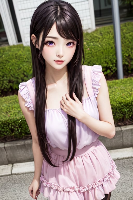 masterpiece, best quality, high definition, 
Kaori Houjou, solo, (purple eyes:1.1), (black hair:1.2), long hair, pink fluffy blouse with ruffles and flounces, (pink knee-length skirt with flounces), (elegant, feminine, sophisticated), (cute girl), gorgeous face, gorgeous eyes, detailed face, detailed hands, smile, photorealistic, (asian face:1.2)