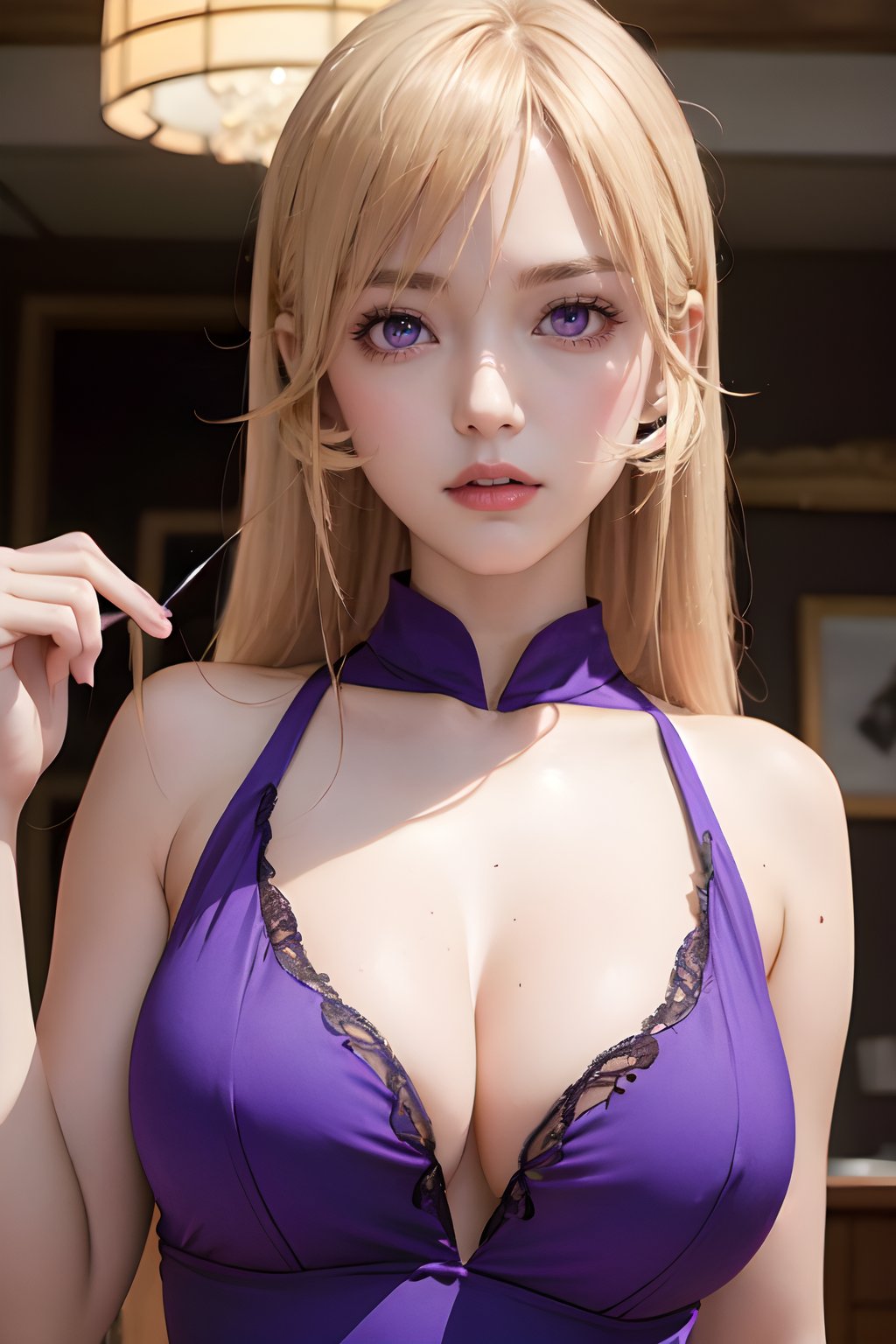 Nakiri Erina, tall body, tall, long legs, mature female, mature, adult, solo, long hair, breasts, looking at viewer, big breasts, upper body, hair between eyes, blond hair, buttons, (masterpiece:1.2), Best quality, a high resolution, unity 8k wallpaper, illustration, (Beautiful detailed purple eyes:1.3), shows a radiant smile, fascinating lighting game, Royal_Attire, Dress IMZ