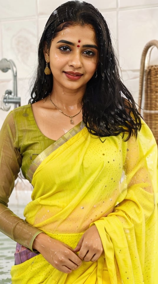 a woman in a sari with a necklace on her neck, a character portrait by Manjit Bawa, behance contest winner, bengal school of art, slight smile, happy, studio portrait, maximalist, studio photography,
, featured on instagram, samikshavad, elegant, rich color palette, 1920s

  ((wet clothes, wet hair, bathing in water, face focused, skin pores, long sleeve blouse, saree , detail face, heavy rain, black blouse )),wet hair,girl wearing indian saree,aliabhatt,SoakingWetClothes