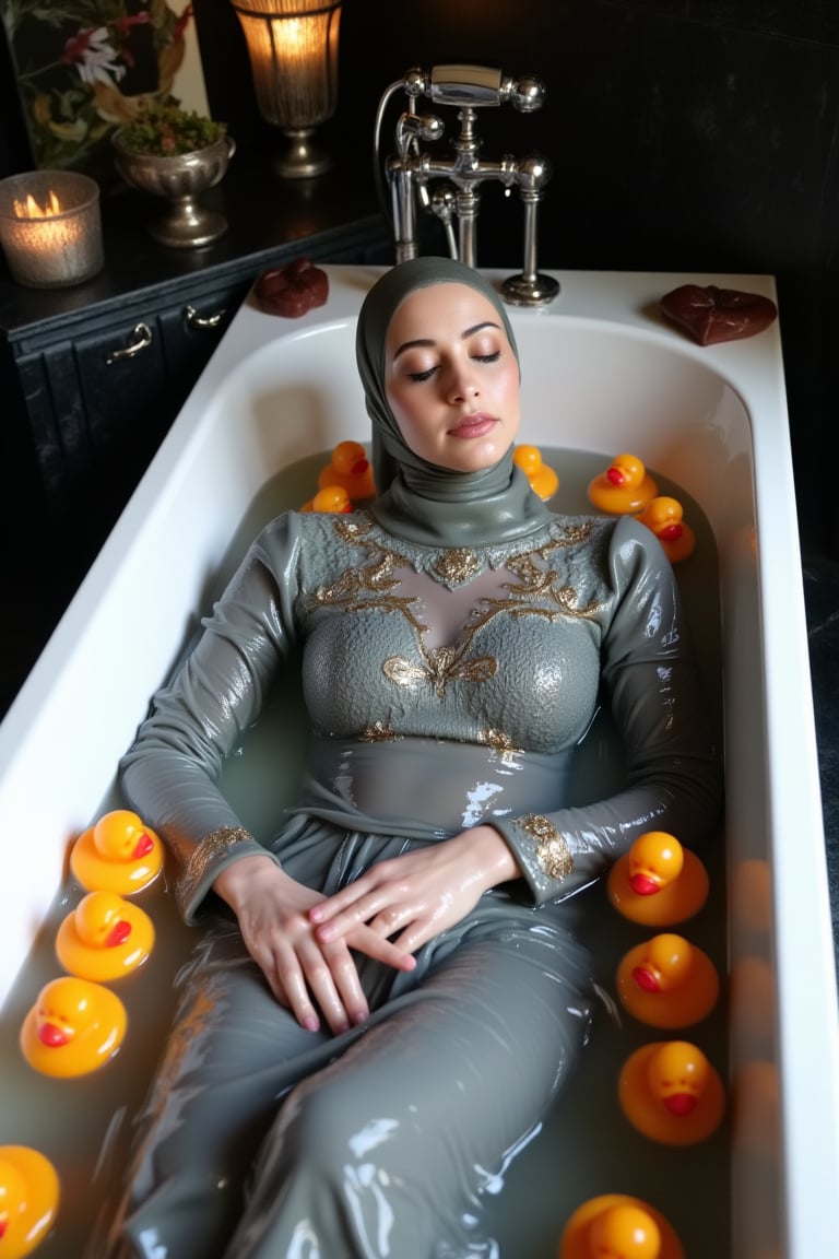 (Wet clothes,  wet hijab,  wet skin:1.2), A photo of a stunning soaking wet Korean woman with her eyes closed, lying in a luxurious bathtub filled with water and quirky orange rubber ducky toys up to her shoulders. She is floating in the bathtub. The background is adorned with elegant, dark, fantasy-inspired decorative objects, adding a touch of mysticism to the scene. The soft, diffused lighting highlights her facial features and the overall enchanting atmosphere of the photo. is wearing a wet noble long grey embroidery bridal traditional saree wit wet veil and a wet long sleeve puffed blouse. She also wears an wet embroidery shawl. Her eyes are celestial blue. The image has a soft and clean focus with natural light. The dress looks clingy, wrinkled, or limp, and glossy, with fabric adhering closely to the skin due to the weight of the water. The water changes its reflectivity. The lighting is soft. Less, ysri,Wet,covered in oil,covered in mud,wam,wet clothes,pouring oil,wetlook,pouring oil,Fetishwet,Wetfetish