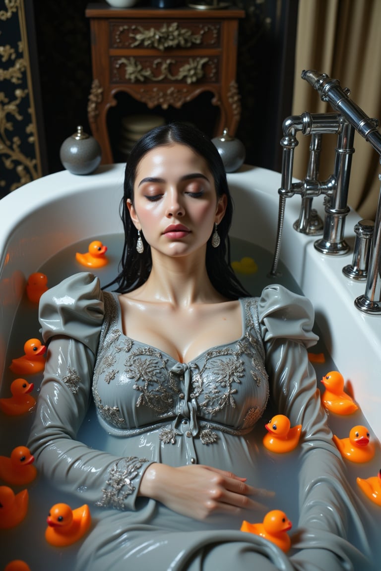 (Wet clothes,  wet hijab,  wet skin:14), A photo of a stunning soaking wet Korean woman with her eyes closed, lying in a luxurious bathtub filled with water and quirky orange rubber ducky toys up to her shoulders. She is floating in the bathtub. The background is adorned with elegant, dark, fantasy-inspired decorative objects, adding a touch of mysticism to the scene. The soft, diffused lighting highlights her facial features and the overall enchanting atmosphere of the photo. is wearing a wet noble long grey embroidery bridal traditional saree with wet veil and a wet long sleeve puffed blouse. She also wears an wet embroidery shawl. Her eyes are celestial blue. The image has a soft and clean focus with natural light. The dress looks clingy, wrinkled, or limp, and glossy, with fabric adhering closely to the skin due to the weight of the water. The water changes its reflectivity. The lighting is soft. Less, ysri,Wet,covered in oil,covered in mud,wam,wet clothes, oil,wetlook, oil,Fetishwet,Wetfetish,Enhanced all