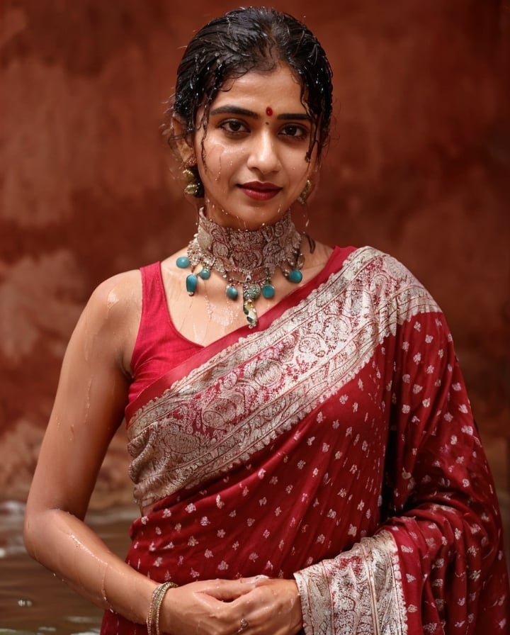 a woman in a sari with a necklace on her neck, a character portrait by Manjit Bawa, behance contest winner, bengal school of art, slight smile, happy, studio portrait, maximalist, studio photography,
, featured on instagram, samikshavad, elegant, rich color palette, 1920s

  ((wet clothes, wet hair, bathing in water, face focused, skin pores, long sleeve blouse, saree , detail face, heavy rain, black blouse )),wet hair,girl wearing indian saree,aliabhatt,SoakingWetClothes