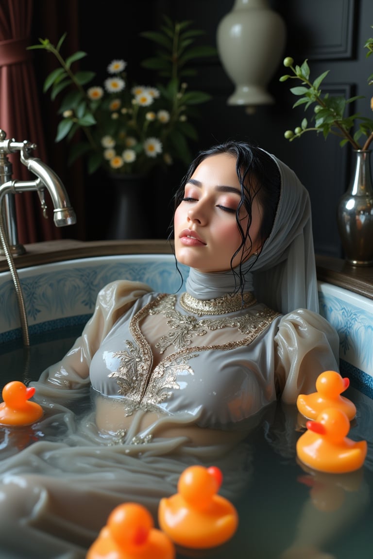 (Wet clothes,  wet hijab,  wet skin:1.2), A photo of a stunning soaking wet Korean woman with her eyes closed, lying in a luxurious bathtub filled with water and quirky orange rubber ducky toys up to her shoulders. She is floating in the bathtub. The background is adorned with elegant, dark, fantasy-inspired decorative objects, adding a touch of mysticism to the scene. The soft, diffused lighting highlights her facial features and the overall enchanting atmosphere of the photo. is wearing a wet noble long grey embroidery bridal traditional saree wit wet veil and a wet long sleeve puffed blouse. She also wears an wet embroidery shawl. Her eyes are celestial blue. The image has a soft and clean focus with natural light. The dress looks clingy, wrinkled, or limp, and glossy, with fabric adhering closely to the skin due to the weight of the water. The water changes its reflectivity. The lighting is soft. Less, ysri,Wet,covered in oil,covered in mud,wam,wet clothes, oil,wetlook, oil,Fetishwet,Wetfetish