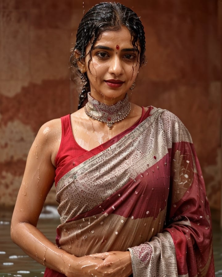 a woman in a sari with a necklace on her neck, a character portrait by Manjit Bawa, behance contest winner, bengal school of art, slight smile, happy, studio portrait, maximalist, studio photography,
, featured on instagram, samikshavad, elegant, rich color palette, 1920s

  ((wet clothes, wet hair, bathing in water, face focused, skin pores, long sleeve blouse, saree , detail face, heavy rain, black blouse )),wet hair,girl wearing indian saree,aliabhatt,SoakingWetClothes