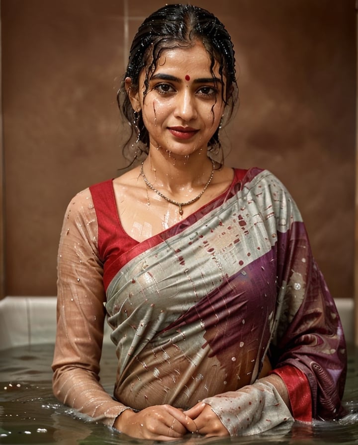 a woman in a sari with a necklace on her neck, a character portrait by Manjit Bawa, behance contest winner, bengal school of art, slight smile, happy, studio portrait, maximalist, studio photography,
, featured on instagram, samikshavad, elegant, rich color palette, 1920s

  ((wet clothes, wet hair, bathing in water, face focused, skin pores, long sleeve blouse, saree , detail face, heavy rain, black blouse )),wet hair,girl wearing indian saree,aliabhatt,SoakingWetClothes