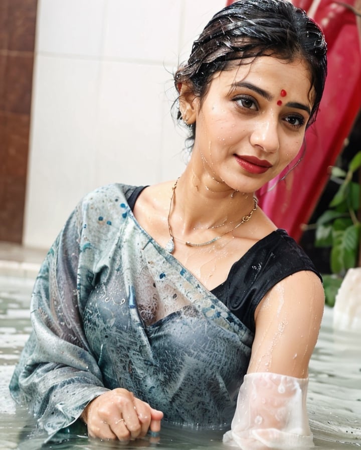 a woman in a sari with a necklace on her neck, a character portrait by Manjit Bawa, behance contest winner, bengal school of art, slight smile, happy, studio portrait, maximalist, studio photography,
, featured on instagram, samikshavad, elegant, rich color palette, 1920s

  ((wet clothes, wet hair, bathing in water, face focused, skin pores, long sleeve blouse, saree , detail face, heavy rain, black blouse )),wet hair,girl wearing indian saree,aliabhatt,SoakingWetClothes