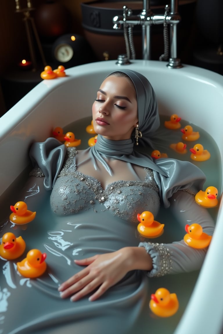 (Wet clothes,  wet hijab,  wet skin:1.2), A photo of a stunning soaking wet Korean woman with her eyes closed, lying in a luxurious bathtub filled with water and quirky orange rubber ducky toys up to her shoulders. She is floating in the bathtub. The background is adorned with elegant, dark, fantasy-inspired decorative objects, adding a touch of mysticism to the scene. The soft, diffused lighting highlights her facial features and the overall enchanting atmosphere of the photo. is wearing a wet noble long grey embroidery bridal traditional saree wit wet veil and a wet long sleeve puffed blouse. She also wears an wet embroidery shawl. Her eyes are celestial blue. The image has a soft and clean focus with natural light. The dress looks clingy, wrinkled, or limp, and glossy, with fabric adhering closely to the skin due to the weight of the water. The water changes its reflectivity. The lighting is soft. Less, ysri,Wet,covered in oil,covered in mud,wam,wet clothes, oil,wetlook, oil,Fetishwet,Wetfetish