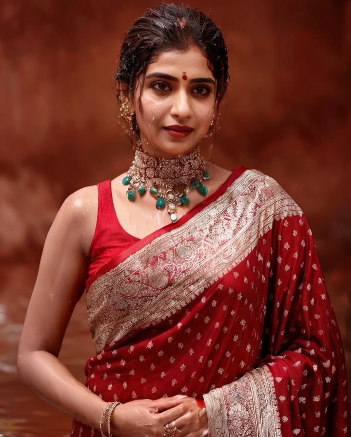 a woman in a sari with a necklace on her neck, a character portrait by Manjit Bawa, behance contest winner, bengal school of art, slight smile, happy, studio portrait, maximalist, studio photography,
, featured on instagram, samikshavad, elegant, rich color palette, 1920s

  ((wet clothes, wet hair, bathing in water, face focused, skin pores, long sleeve blouse, saree , detail face, heavy rain, black blouse )),wet hair,girl wearing indian saree,aliabhatt,SoakingWetClothes