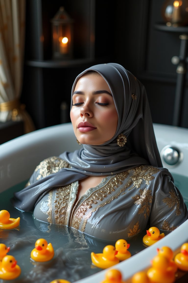 (Wet clothes,  wet hijab,  wet skin:1.2), A photo of a stunning soaking wet Korean woman with her eyes closed, lying in a luxurious bathtub filled with water and quirky orange rubber ducky toys up to her shoulders. She is floating in the bathtub. The background is adorned with elegant, dark, fantasy-inspired decorative objects, adding a touch of mysticism to the scene. The soft, diffused lighting highlights her facial features and the overall enchanting atmosphere of the photo. is wearing a wet noble long grey embroidery bridal traditional saree wit wet veil and a wet long sleeve puffed blouse. She also wears an wet embroidery shawl. Her eyes are celestial blue. The image has a soft and clean focus with natural light. The dress looks clingy, wrinkled, or limp, and glossy, with fabric adhering closely to the skin due to the weight of the water. The water changes its reflectivity. The lighting is soft. Less, ysri,Wet,covered in oil,covered in mud,wam,wet clothes, oil,wetlook, oil,Fetishwet,Wetfetish