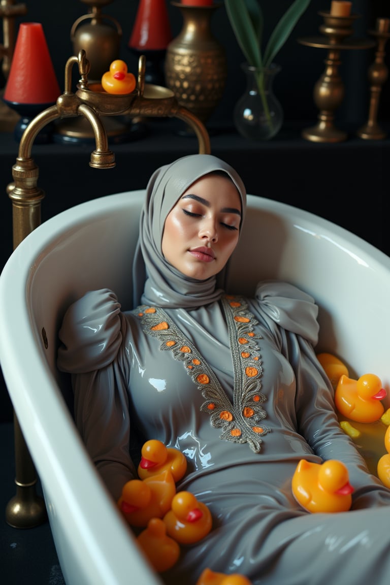 (Wet clothes,  wet hijab,  wet skin:1.2), A photo of a stunning soaking wet Korean woman with her eyes closed, lying in a luxurious bathtub filled with water and quirky orange rubber ducky toys up to her shoulders. She is floating in the bathtub. The background is adorned with elegant, dark, fantasy-inspired decorative objects, adding a touch of mysticism to the scene. The soft, diffused lighting highlights her facial features and the overall enchanting atmosphere of the photo. is wearing a wet noble long grey embroidery bridal traditional saree with wet veil and a wet long sleeve puffed blouse. She also wears an wet embroidery shawl. Her eyes are celestial blue. The image has a soft and clean focus with natural light. The dress looks clingy, wrinkled, or limp, and glossy, with fabric adhering closely to the skin due to the weight of the water. The water changes its reflectivity. The lighting is soft. Less, ysri,Wet,covered in oil,covered in mud,wam,wet clothes, oil,wetlook, oil,Fetishwet,Wetfetish