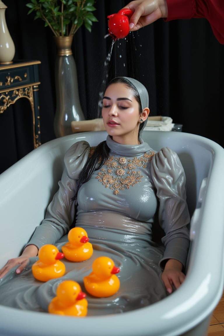 (Wet clothes,  wet hijab,  wet skin:1.2), A photo of a stunning soaking wet Korean woman with her eyes closed, lying in a luxurious bathtub filled with water and quirky orange rubber ducky toys up to her shoulders. She is floating in the bathtub. The background is adorned with elegant, dark, fantasy-inspired decorative objects, adding a touch of mysticism to the scene. The soft, diffused lighting highlights her facial features and the overall enchanting atmosphere of the photo. is wearing a wet noble long grey embroidery bridal traditional saree wit wet veil and a wet long sleeve puffed blouse. She also wears an wet embroidery shawl. Her eyes are celestial blue. The image has a soft and clean focus with natural light. The dress looks clingy, wrinkled, or limp, and glossy, with fabric adhering closely to the skin due to the weight of the water. The water changes its reflectivity. The lighting is soft. Less, ysri,Wet,covered in oil,covered in mud,wam,wet clothes,pouring oil,wetlook,pouring oil,Fetishwet,Wetfetish