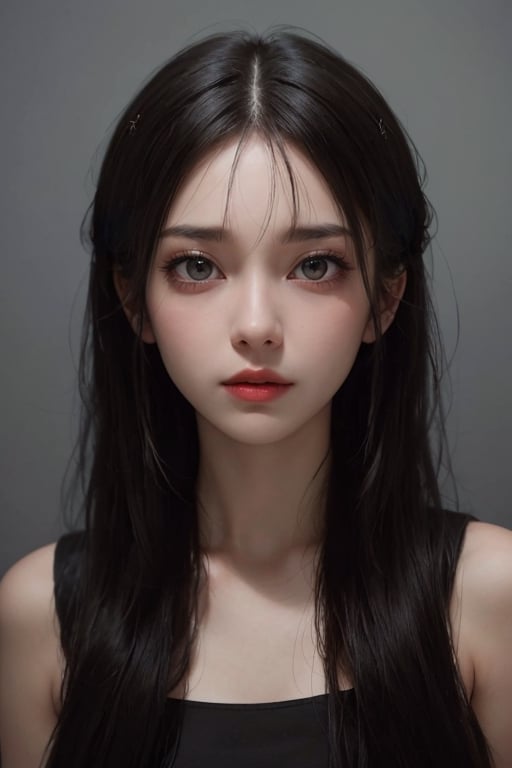 a 20 yo woman, dark hair, black hair, high contrast, (direct lighting, natural skin texture,  hyperrealism,  soft light,  sharp), chromatic_background, simple background, (((looking_at_viewer,  pov_eye_contact,  looking_at_camera,  headshot,  head_portrait,  headshot_portrait,  facing front))), big lips, looking_at_viewer,  pov_eye_contact,  looking_at_camera,  headshot,  head_portrait,  headshot_portrait,  facing front, Detailedface, Detailedeyes, 