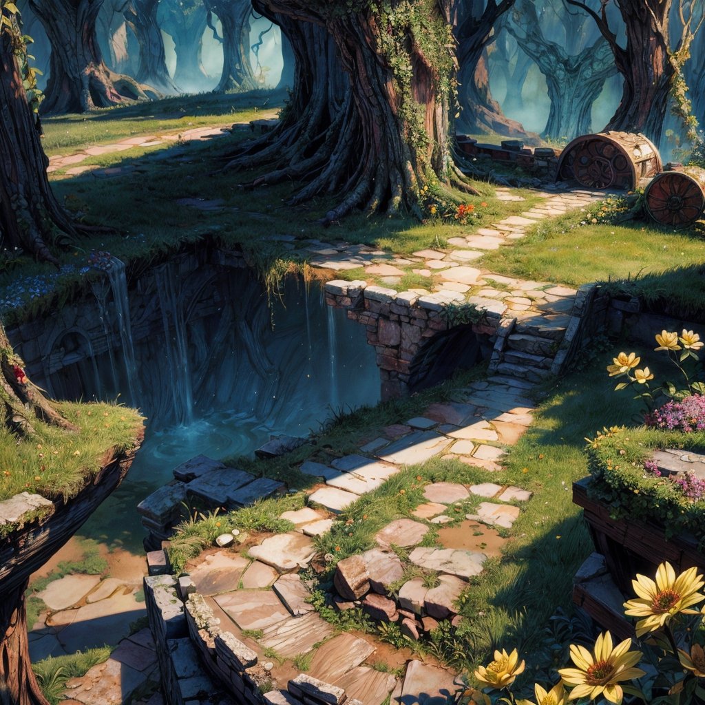 (Masterpiece, Best Quality), highres, (8k resolution wallpaper), dutch angle, FFIXBG, full background, wide shot, fantasy, beautiful, (details:1.2), (no humans), spring \(season\), nature, flowers, sharp focus, shadow, (deep depth of field), volumetric lighting, sunlight, day, extremely detailed background, fantastic, ancient ruins, ruins, acient ruin, mysterious