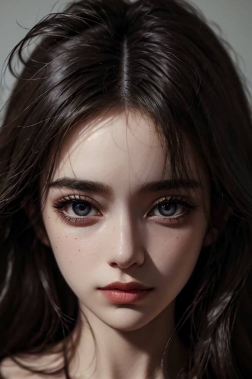 a 20 yo woman, long hair, high contrast, (direct lighting, natural skin texture,  hyperrealism,  soft light,  sharp), chromatic_background, simple background, (((looking_at_viewer,  pov_eye_contact,  looking_at_camera,  headshot,  head_portrait,  headshot_portrait,  facing front))), big lips, looking_at_viewer,  pov_eye_contact,  looking_at_camera,  headshot,  head_portrait,  headshot_portrait,  facing front, Detailedface, Detailedeyes,perfecteyes,raidenshogundef