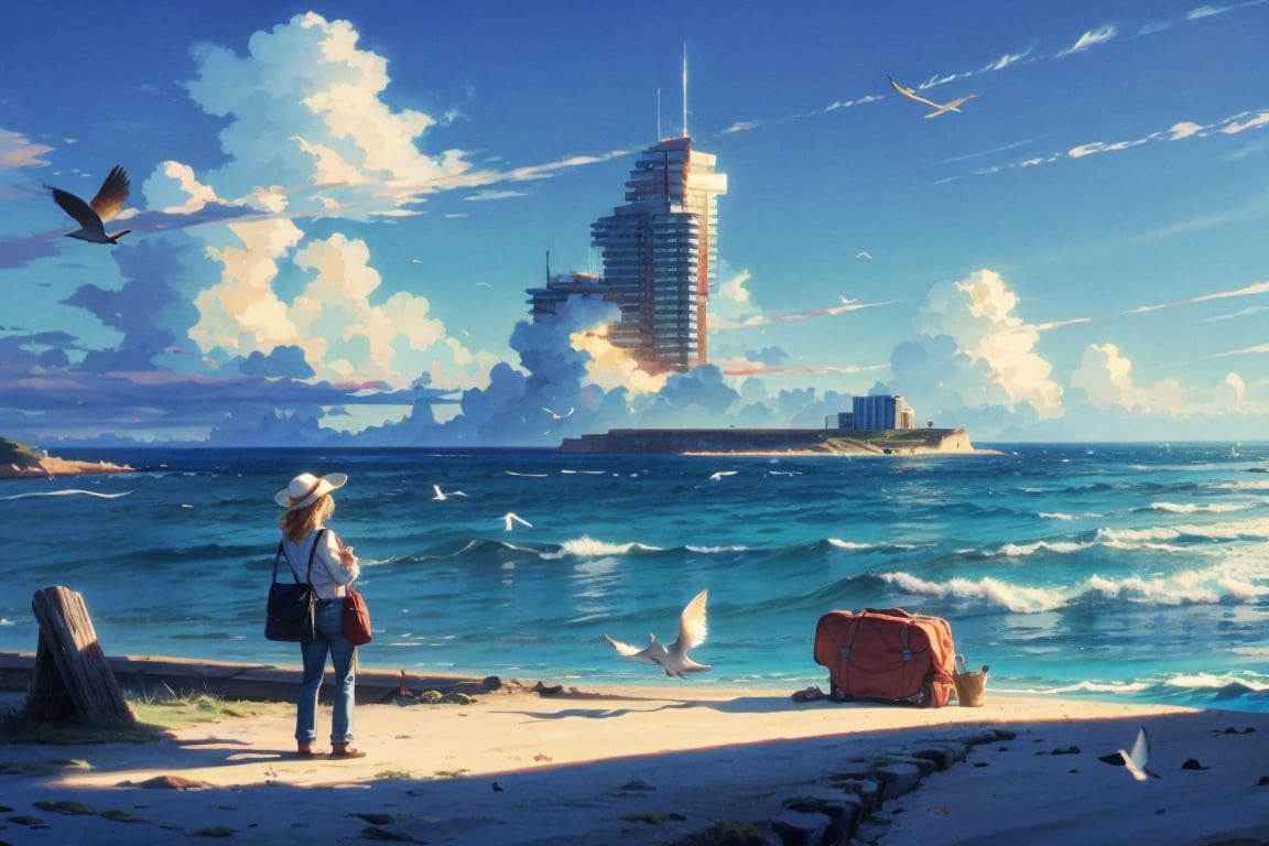 fish, cloud, clouds, outdoors, bird, sky, 1girl, hat, food, day, scenery, shirt, standing, ocean, window, bag, building