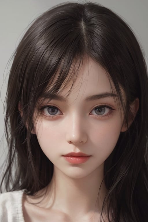 a 20 yo woman,  1girl,  black hair,  pale skin,  big eyes,  detailed eyes,  soothing tones,  muted colors,  high contrast,  (natural skin texture,  hyperrealism,  soft light,  sharp),  simple background,  facing front,  camera_pov,  camera_view,  chromatic_background, (((looking_at_viewer,  pov_eye_contact,  looking_at_camera,  headshot,  head_portrait,  headshot_portrait,  facing front))),  big lips,  looking_at_viewer,  pov_eye_contact,  looking_at_camera,  headshot,  head_portrait,  headshot_portrait,  facing front