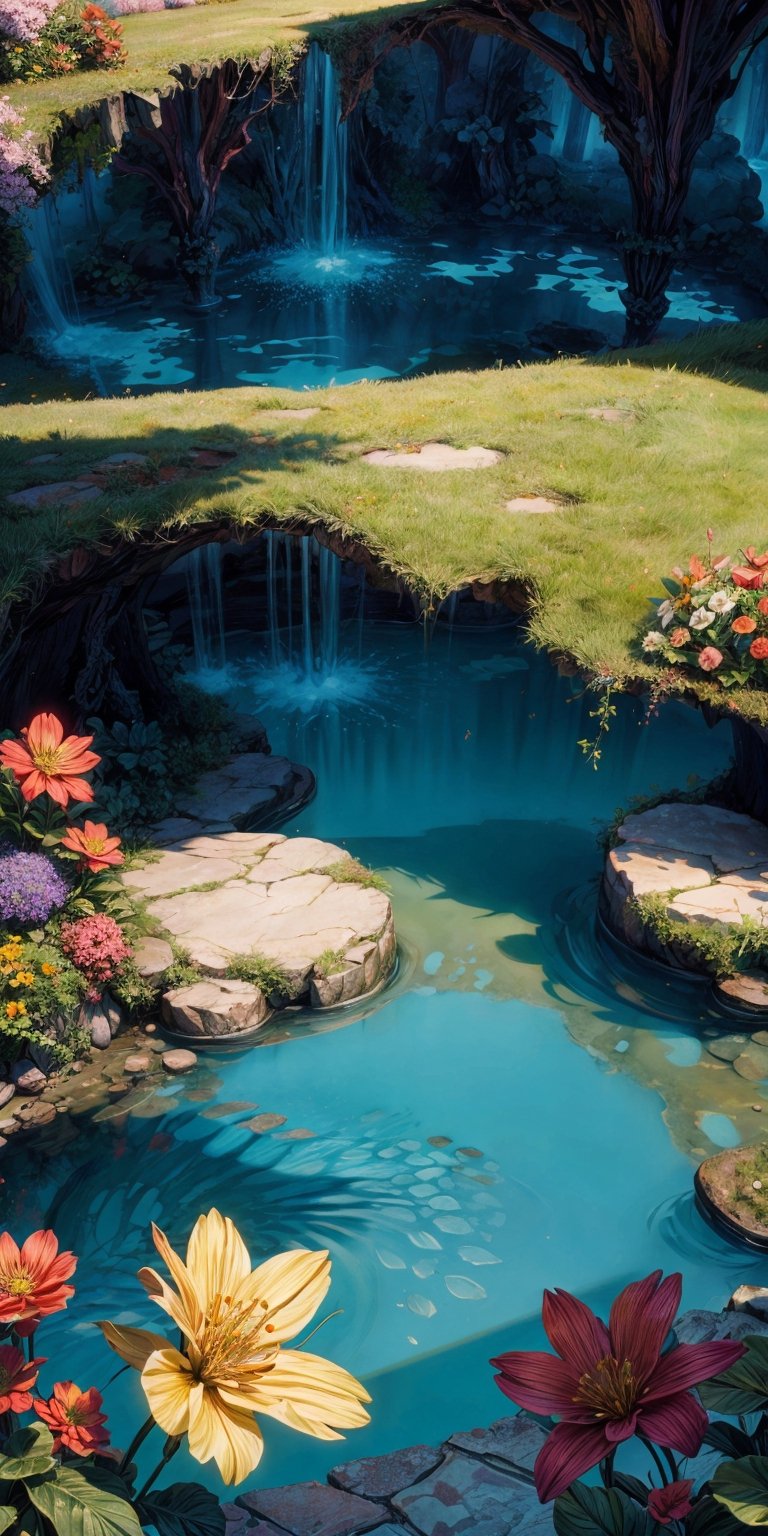 (Masterpiece, Best Quality), highres, (8k resolution wallpaper), dutch angle, FFIXBG, full background, wide shot, fantasy, landscape, beautiful, outdoors, (details:1.2), water, (no humans), spring \(season\), nature, flowers, sharp focus, shadow, (deep depth of field), volumetric lighting, sunlight, day, extremely detailed background, fantastic, ancient ruins, mysterious