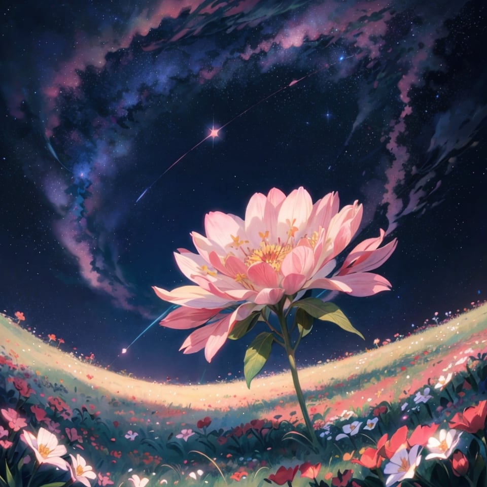 flower, white flowers, flowers, red flowers, pink flowers, star (sky), stars_(sky), grass, leaf, sky, plant, starry sky, outdoors